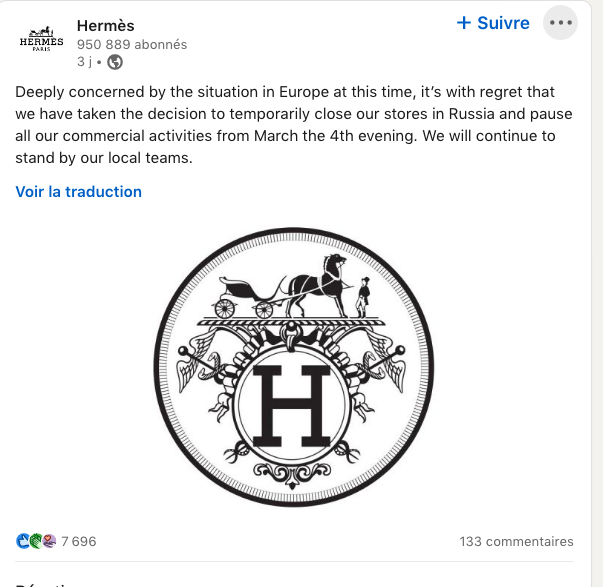 Hermès annonce la fermeture temporaire de ses magasins en Russie sur LinkedIn